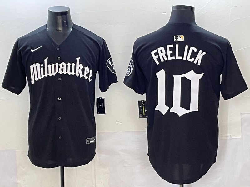 Men 2025 Milwaukee Brewers #10 Frelick Black Five generations Joint Name Nike MLB Jersey style 02->milwaukee brewers->MLB Jersey